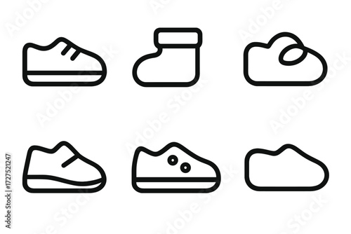 Minimal Baby Shoe Icons. Minimal Baby Shoes icons in outline style: clean line shoe, outlined bootie, abstract infant footwear, shoe shape, minimal