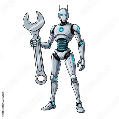 Futuristic robot mechanic holding a wrench, ready to repair and maintain technology with precision and efficiency, promising innovation and reliable service
