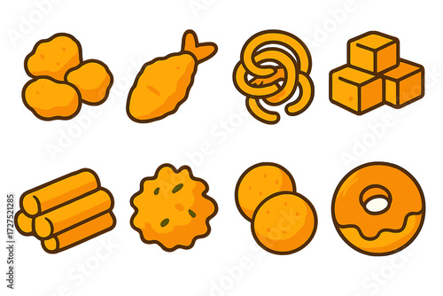 Vibrant Fried Food Icons. Fried Foods icons in modern flat : fried nuggets, battered fish, curly fries, fried tofu, mozzarella sticks, pakora,