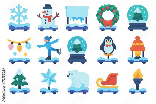 Winter Parade Icons. Winter Parade Icons icons in modern flat : snowflake float, frosty snowman, icy banner, winter wreath, twinkling lights, skating