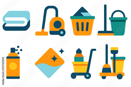 Cleaning Icons. Household cleaning set of icons in abstract flat : folded towel, vacuum cleaner, laundry basket, roller mop, bucket, air freshener,