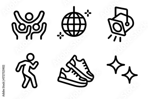 Dance Floor Icons. Dance floor icons in outline style: crowd wave, disco ball, stage light, dance move, sneakers, sparkles