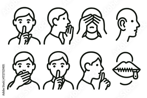 Gesture Icons Collection. Gestures icons in outline style: finger on lips, whispering hand, two hands shielding mouth, ear cupped, hand covering