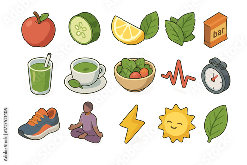 Wellness Icon Set. Healthy habits set icons in modern isometric flat : apple, cucumber slice, lemon wedge, mint leaf, smoothie glass, herbal tea cup,
