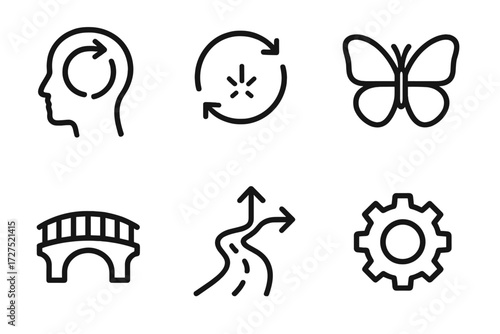Symbols of Transformation. Change symbols icons in outline style: mindset shift, arrows in circle, spark, butterfly, bridge, path arrows, infinity