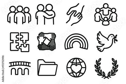Community Harmony Icons. Community contentment icons in outline style: group silhouettes, supportive hug, helping hand, unity circle, puzzle pieces,