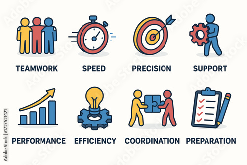Isometric Business Concepts. Concepts set icons in modern isometric flat : teamwork, speed, precision, support, performance, efficiency, coordination,