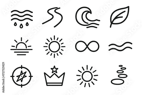 Symbolic Cash Flow Icons. Symbolic cash flow icons in outline style: flowing water, river stream, wave, eco leaf, sunrise horizon, glowing aura,