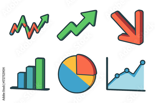 Isometric Stock Icon Set. Stock trends set icons in modern isometric flat : price fluctuation, upward arrow, downward arrow, bar chart, pie chart,