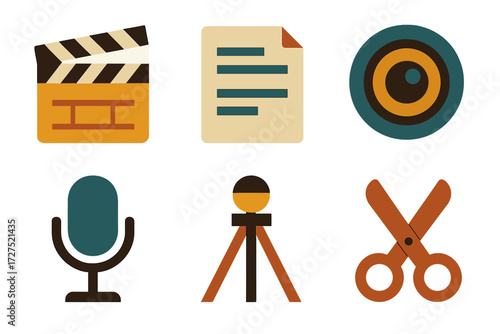 Movie Icons. Movie making set of icons in abstract flat : clapboard, script, camera lens, microphone, tripod, editing scissors