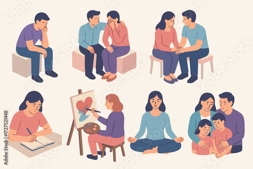 Emotional Connections Icons. Situations set icons in modern isometric flat : person reflecting quietly, friend comforting another, couple sharing deep