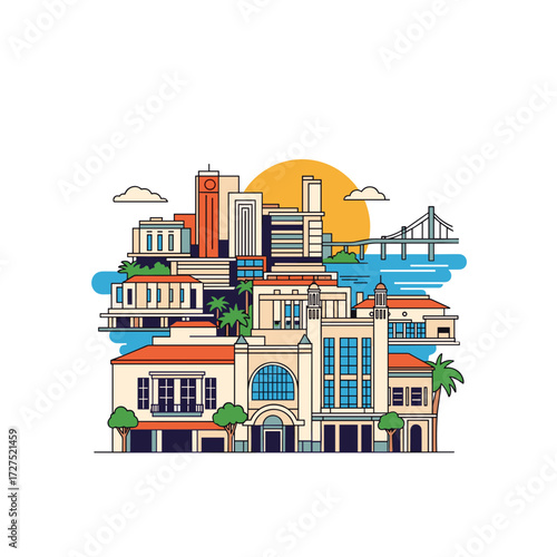 Colorful Vector Illustration of a City Skyline with Buildings and Bridge.