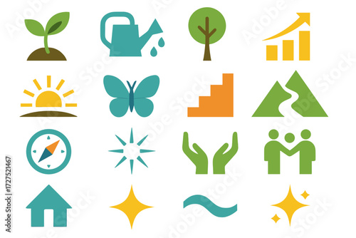 Iconic Growth Symbols. Growth of trust set of icons in abstract flat : seed sprout, watering can, tree, growth chart, sunrise, butterfly, steps