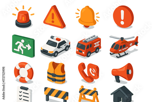 Emergency Alert Icons. Emergency alerts set icons in modern isometric flat : siren light, hazard triangle, warning bell, exclamation mark, evacuation