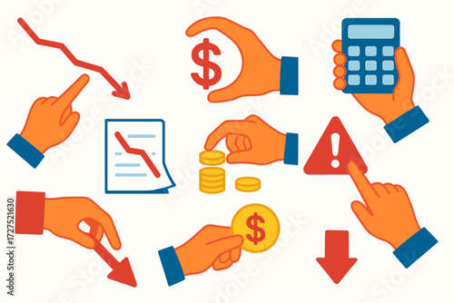 Financial Decline Symbols. Gestures in modern flat vector : hand pointing at downward line, hand circling loss figure, hand holding calculator, hand