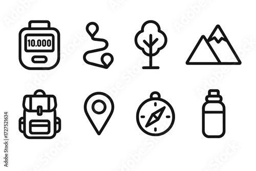 Outdoor Icons Collection. Outdoor walk icons in outline style: pedometer, trail path, tree, mountain, backpack, map pin, compass, water flask.