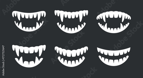 Set of Different Vampire Fangs Isolated On Dark Background