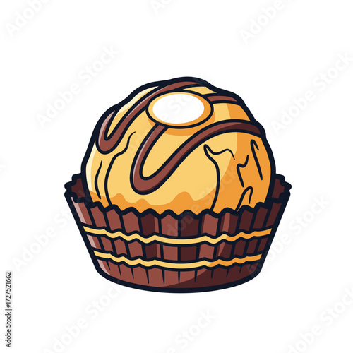Sweet cartoon praline candy with chocolate drizzle and white accent in a brown fluted wrapper.