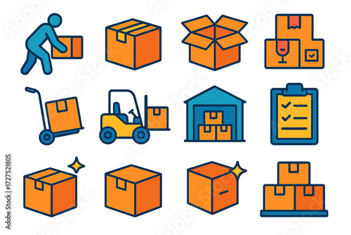 Warehouse Icon Set. Basic lifting box in modern flat vector : person lifting box, cardboard box, taped box, open box, stacked boxes, fragile label,