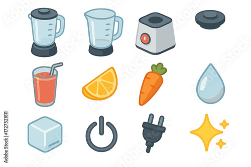 Modern Blender Icons. Basic blender set icons in modern isometric flat : countertop blender, blender jar, blender base, lid, smoothie glass, fruit
