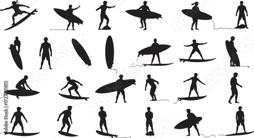 PrintSurfing silhouette collection, wave rider poses, beach sport action, surfboard tricks, coastal lifestyle, black outline, ocean movement, athletic stance, freedom