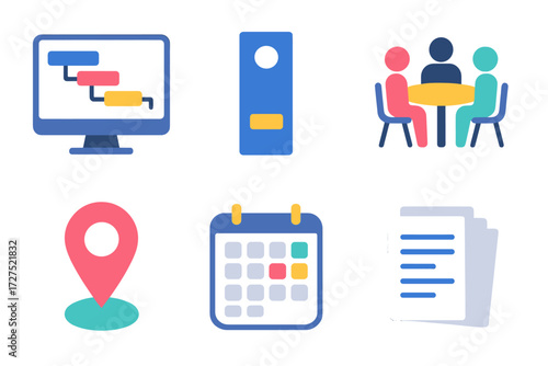 Modern Project Planning Icons. Project planning in modern flat vector : gantt chart, binder folder, meeting table, milestone marker, calendar grid,