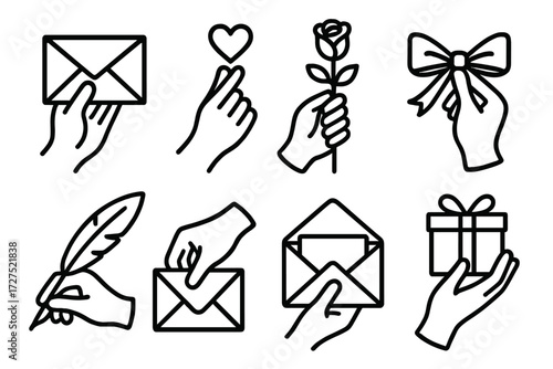 Gesture Icons Collection. Gestures icons in outline style: hand holding envelope, hand sealing with heart, hand offering rose, hand tying ribbon,