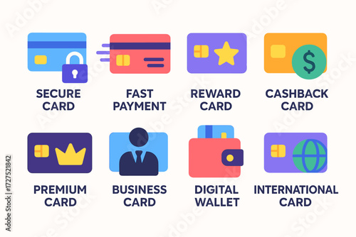 Modern Payment Cards. Concepts in modern flat vector : secure card, fast payment card, reward card, cashback card, premium card, business card,