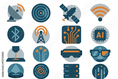 Abstract Tech Icons. Tech context set of icons in abstract flat : radar dish, sonar wave, satellite signal, Wi-Fi symbol, Bluetooth icon, antenna