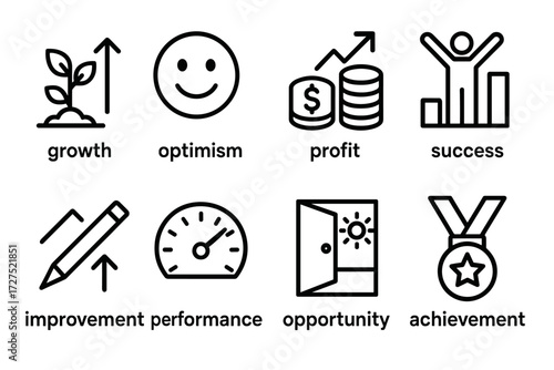 Growth and Success Icons. Concepts icons in outline style: growth, optimism, profit, success, improvement, performance, opportunity, achievement