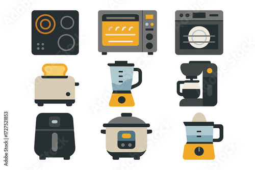 Kitchen Appliances. Modern appliances set of icons in abstract flat : induction cooktop, convection oven, dishwasher, toaster, blender, coffee maker