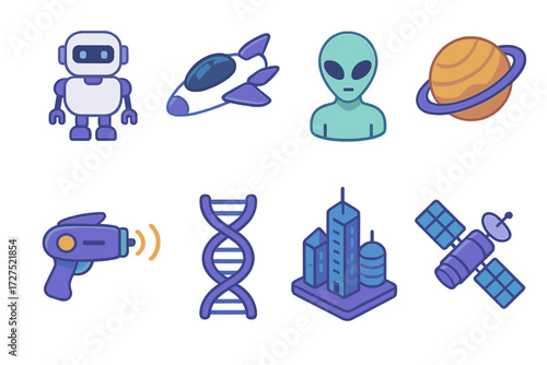 Futuristic Sci-Fi Icons. Sci-fi genre set icons in modern isometric flat : robot, spaceship, alien, planet, ray gun, DNA strand, futuristic city,