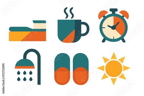 Morning Essentials Icons. Morning ritual set of icons in abstract flat : toothbrush, coffee mug, alarm clock, shower head, slippers, sunshine