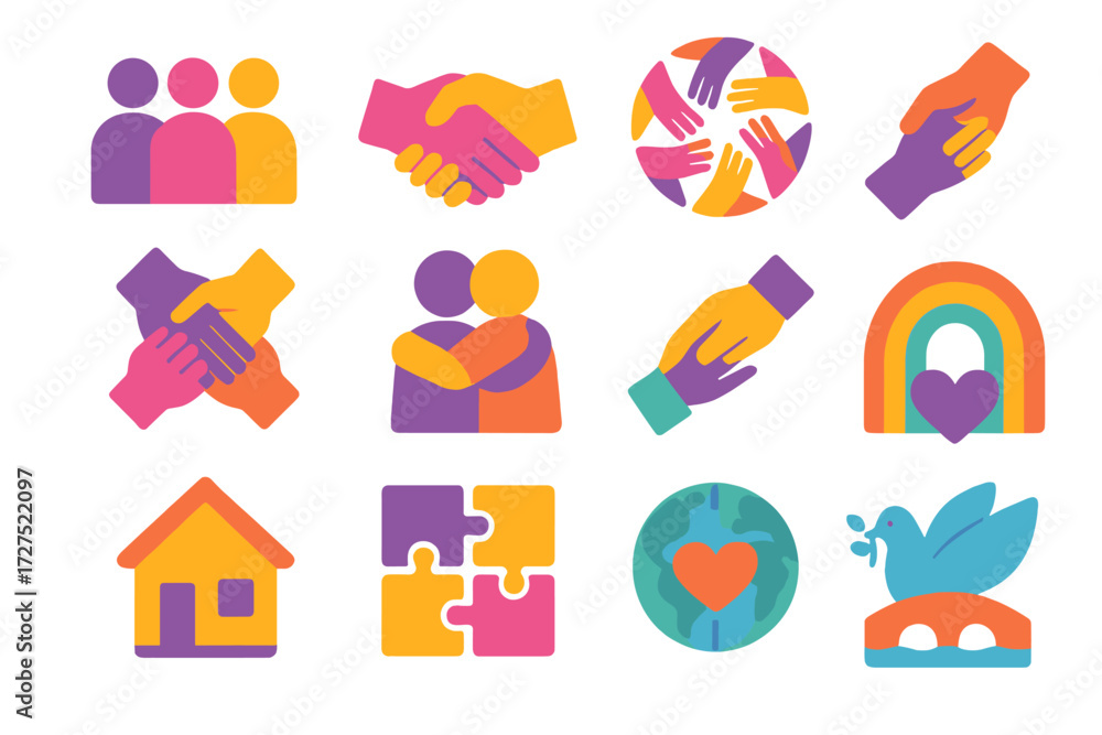 Fototapeta premium Unity and Diversity Icons. Community helpful guide in modern flat vector : group silhouettes, handshake, unity circle, diversity hands, supportive hug