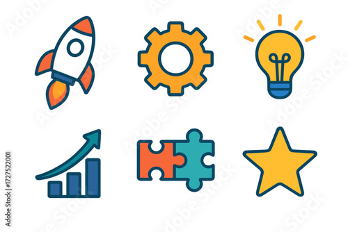 Innovation Icon Set. Innovation values in modern flat vector : rocket launch, gear, lightbulb spark, upward graph, puzzle pieces, star