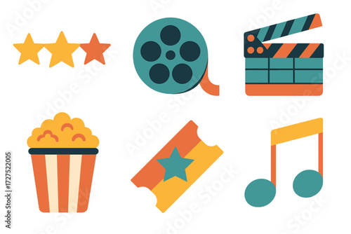 Abstract Entertainment Icons. Entertainment set of icons in abstract flat : rating stars, film reel, clapboard, popcorn, ticket, music note