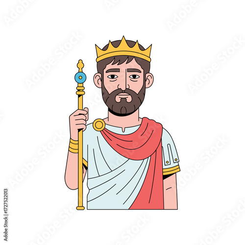 Regal King with Golden Crown and Scepter Holding Staff.