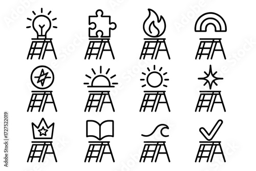 Creative Step Ladder Icons. Creative step ladder icons in outline style: lightbulb idea, puzzle piece, storytelling flame, rainbow arc, guiding