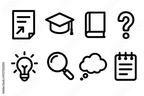 Outline Learning Icons. Learning tools icons in outline style: how-to note, graduation cap, book, question mark, idea spark, magnifying glass,