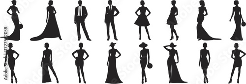 Fashion silhouettes, stylish poses, formal and casual wear, black icons, male and female figures, accessories, runway stance, elegant attire, wardrobe variety