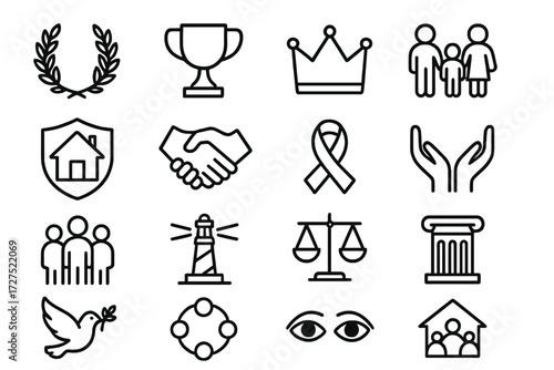 Icons of Hope. Hope & renewal icons in outline style: laurel wreath, trophy, crown, happy family, safe home, handshake, promise ribbon, supportive