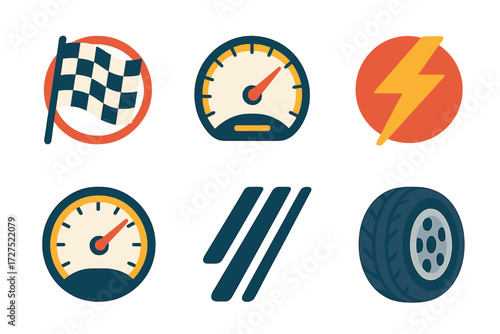 Racing Icons Collection. Speed focus in modern flat vector : final lap, tachometer, speedometer, lightning bolt, skid marks, racing tire