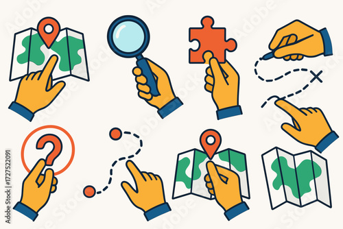 Hands Navigating Adventures. Gestures in modern flat vector : hand pointing at map, hand holding magnifying glass, hand fitting puzzle piece, hand