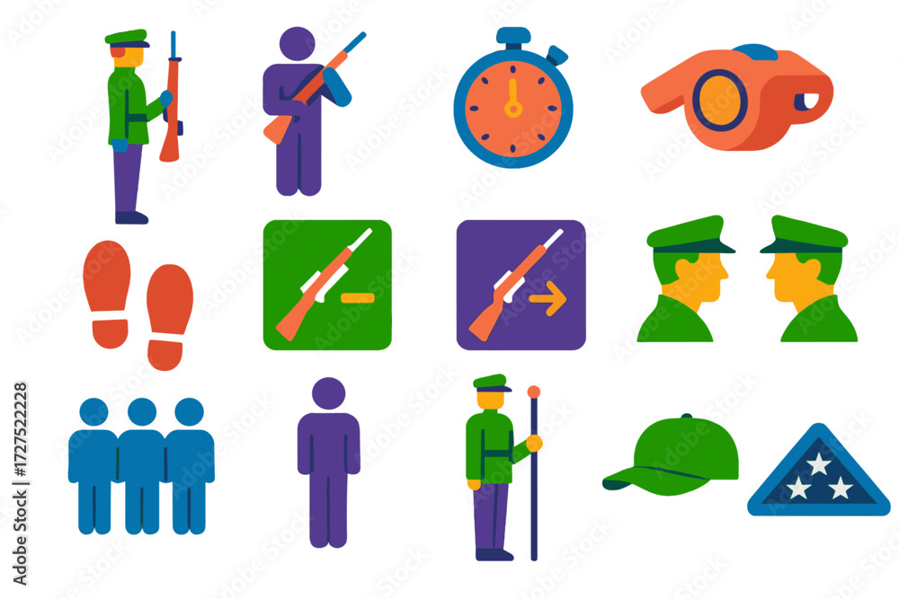 Fototapeta premium Military Drill Icons. Drill and protocol in modern flat vector : rifle drill pose, manual of arms diagram, timing stopwatch, drill instructor whistle,