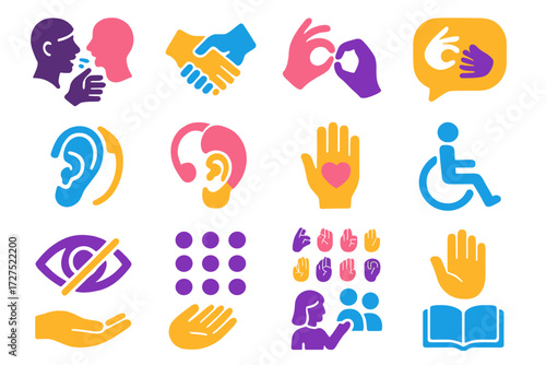Inclusive Communication Icons. Communication icons in modern flat vector : interpreter symbol, two hands touching, signing hand icon, communication