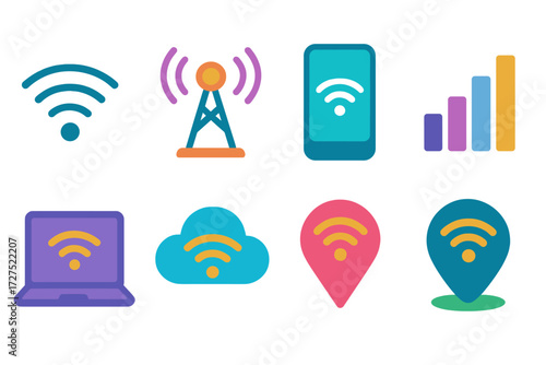 Modern Wireless Icons. Wireless connectivity in modern flat vector : Wi-Fi waves, signal tower, connected device, network bars, laptop Wi-Fi, phone Wi