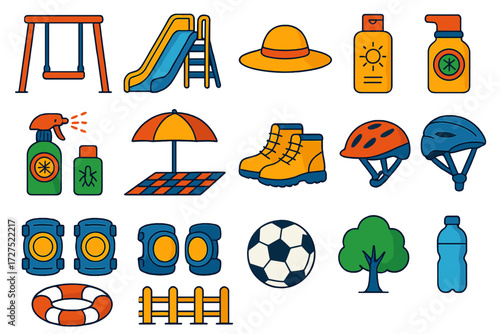 Outdoor Safety Essentials. Outdoor safety in modern flat vector : playground swing, slide with guard, sun hat, sunscreen bottle, insect repellent,