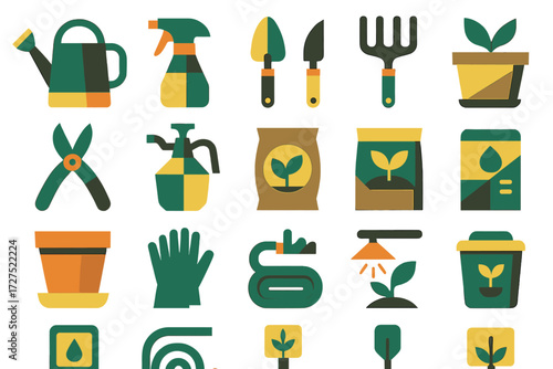 Plant Care Icons. Plant care tools set of icons in abstract flat : watering can, spray bottle, small shovel, hand rake, pruning scissors, plant