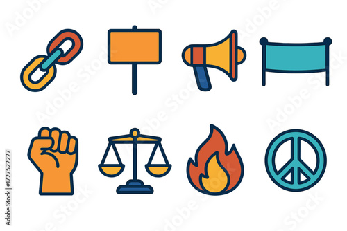 Minimalistic Activism Icons. Activism icons in modern flat vector : solidarity chain, protest sign, megaphone, banner, raised fist, scales, flame,