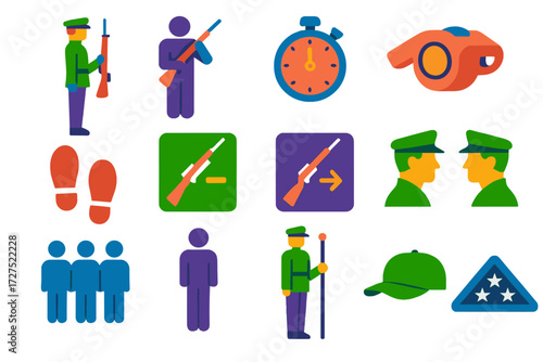 Military Drill Icons. Drill and protocol in modern flat vector : rifle drill pose, manual of arms diagram, timing stopwatch, drill instructor whistle,